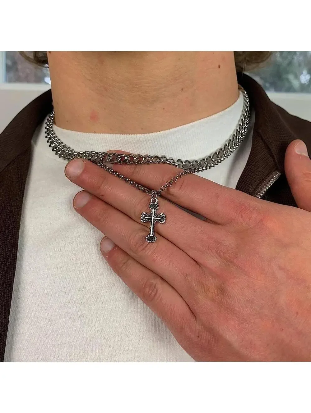 Y2k 2000s style Stainless Steel Double layer silver chrome cross chain grunge Cu